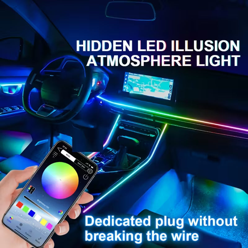 OPRAH 6/10/14/18-in-1 LED RGB Neon Acrylic Strip Light Kit for Car Interior, Full Color Flowing Ambient Lighting with 64 Colors, Smartphone Control, No Battery Required, Ideal for Vehicle Decor, Car Decorations