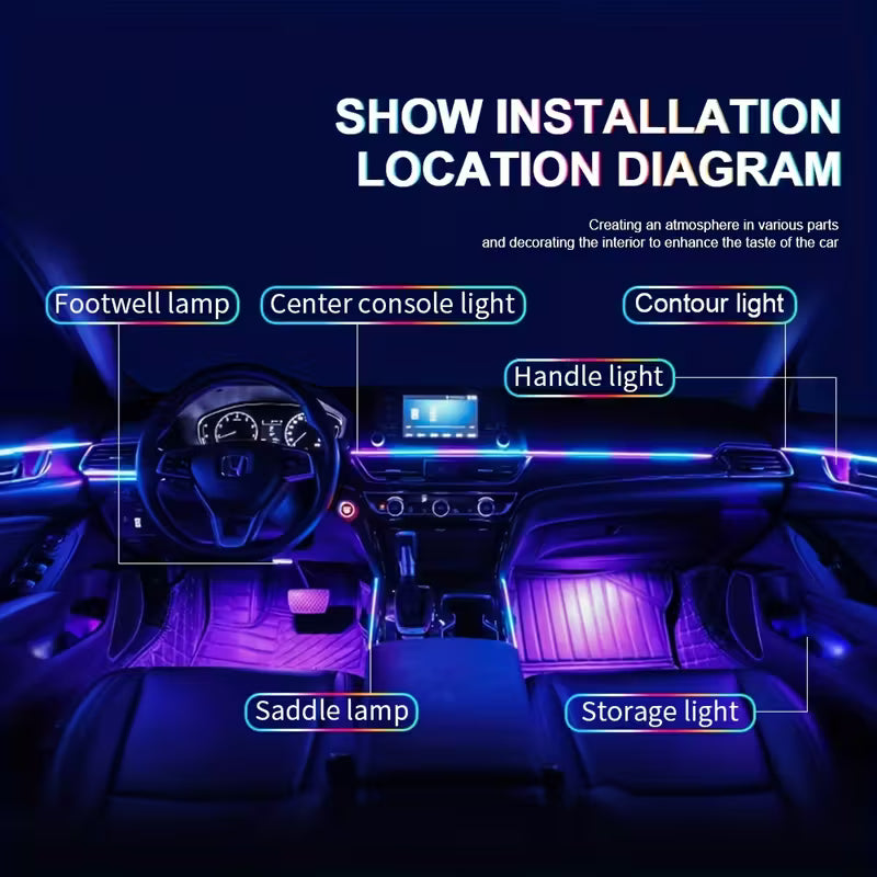 OPRAH 6/10/14/18-in-1 LED RGB Neon Acrylic Strip Light Kit for Car Interior, Full Color Flowing Ambient Lighting with 64 Colors, Smartphone Control, No Battery Required, Ideal for Vehicle Decor, Car Decorations