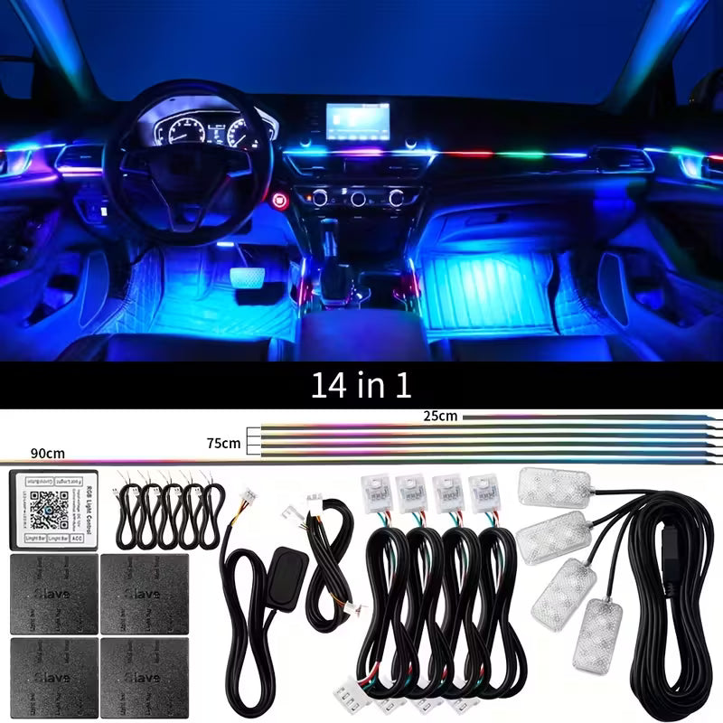 OPRAH 6/10/14/18-in-1 LED RGB Neon Acrylic Strip Light Kit for Car Interior, Full Color Flowing Ambient Lighting with 64 Colors, Smartphone Control, No Battery Required, Ideal for Vehicle Decor, Car Decorations