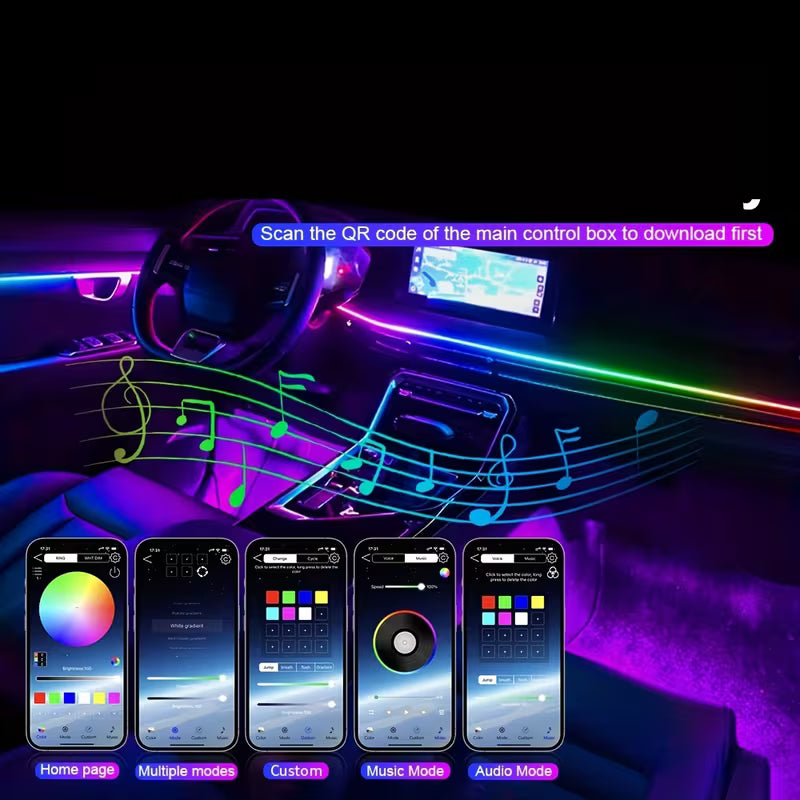 OPRAH 6/10/14/18-in-1 LED RGB Neon Acrylic Strip Light Kit for Car Interior, Full Color Flowing Ambient Lighting with 64 Colors, Smartphone Control, No Battery Required, Ideal for Vehicle Decor, Car Decorations