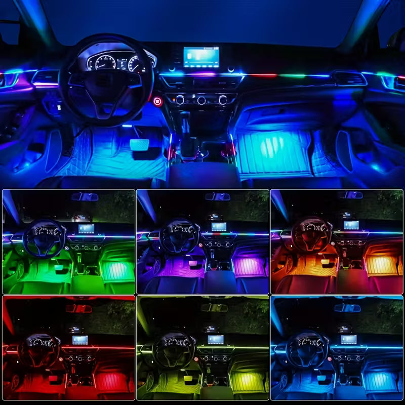 OPRAH 6/10/14/18-in-1 LED RGB Neon Acrylic Strip Light Kit for Car Interior, Full Color Flowing Ambient Lighting with 64 Colors, Smartphone Control, No Battery Required, Ideal for Vehicle Decor, Car Decorations